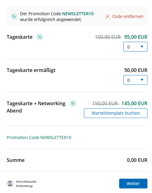 doo Buchungsprozess mit eingelöstem Promotion Code